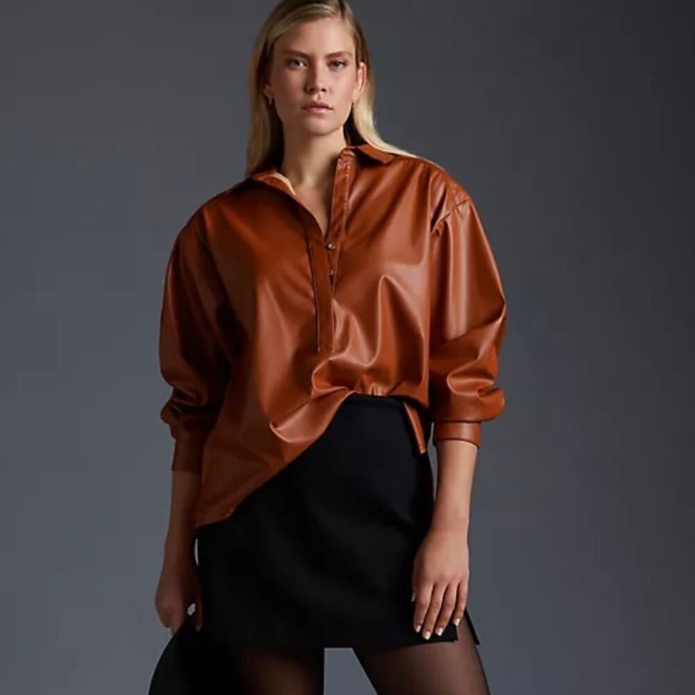 Anthropologie Faux Leather Long Sleeve Collared Shirt  in Cedar Brown Small